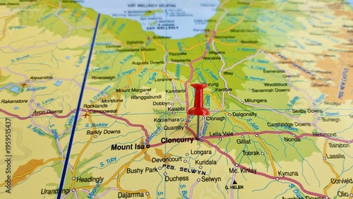 View of Cloncurry, is a rural town and locality in the Shire of Cloncurry, Queensland, Australia on a geographical map of Australia and New Zealand, marked with red push pin