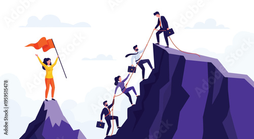 Business team achieves mountain peak success demonstrating leadership teamwork and reaching the ultimate goal