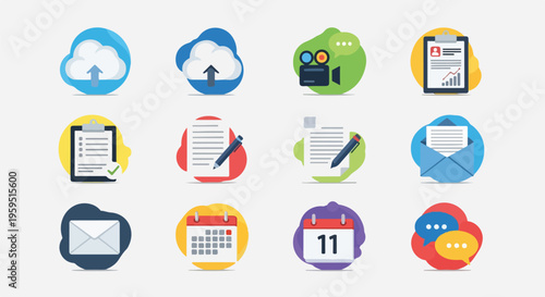 Collection of various flat-style icons illustrating common tech and communication elements