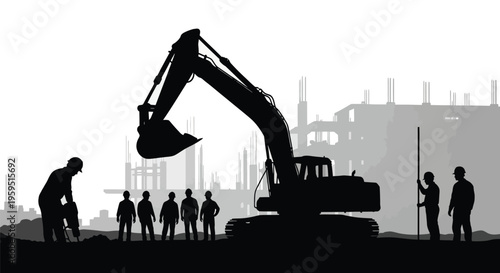 Industrial construction site with workers and heavy machinery actively building and developing modern infrastructure.