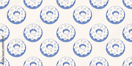 Seamless pattern with glazed donuts in blue line art style. Vector background for bakery, cafe menu, sweet food design. Minimalist hand drawn dessert wallpaper for textile and packaging