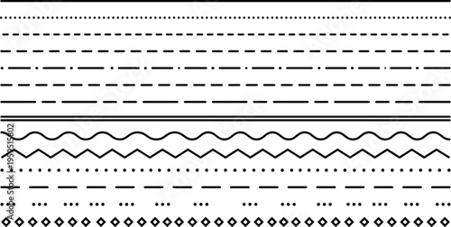 Minimal divider lines set with dots dashes stripes waves zigzag and diamond patterns, geometric decorative separators and border elements isolated on transparent background