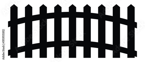 Decorative wood picket fence section design. Set black silhouette wooden fence horizontal, Black wooden fence silhouette isolated on white background. Vector flat black garden picket fence design. cha