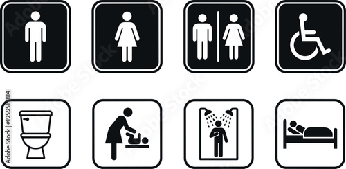 Public restroom facility icons set with men women wheelchair accessibility toilet shower baby changing and hospital bed symbols for bathroom signage isolated on transparent background