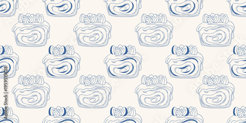 Hand drawn sweet pastry seamless pattern. Bread or cinnamon rolls, chocolate buns with icing and strawberry in blue line style. Minimalist vector background for bakery, cafe menu and food design