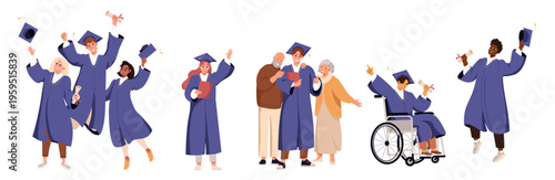 Graduation day vector illustration. Happy diverse graduates celebrating graduation ceremony with diplomas. Group of multiethnic students in graduation gowns and caps. Inclusive education concept