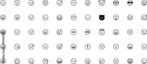 emoji emoticon smiley face icon set with different emotion expressions reactions for chat messaging communication and social media outline illustration on transparent background
