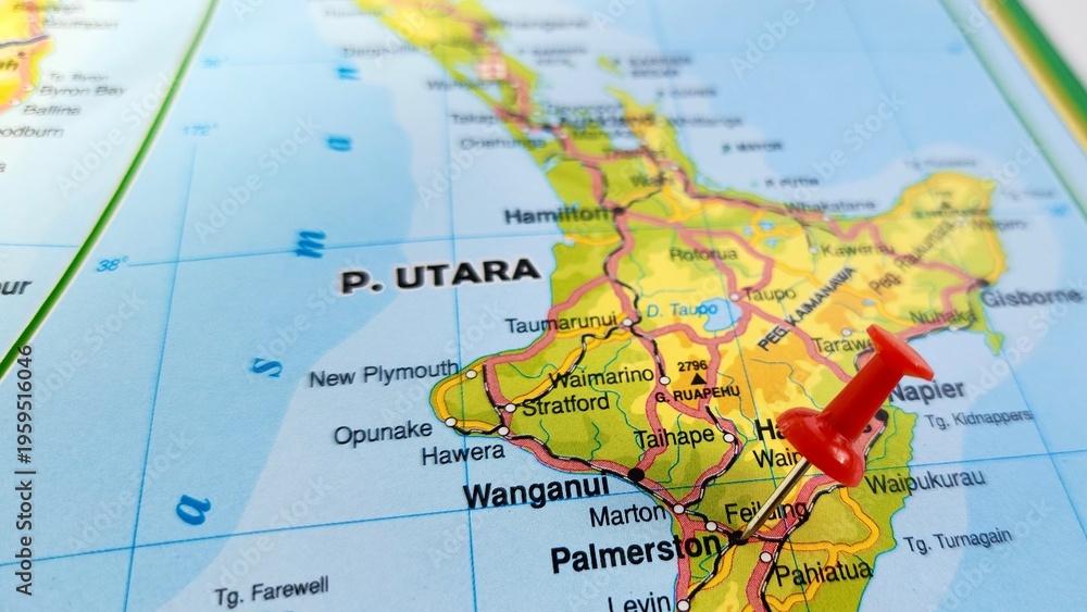 Obraz premium View of Palmerston, Town in Waitaki District, Otago Region, New Zealand, on a geographical map of Australia and New Zealand, marked with red push pin