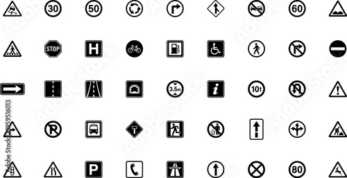 traffic road sign icon set with warning direction arrow safety transportation regulation symbols including stop speed pedestrian bicycle parking and navigation illustration on transparent background
