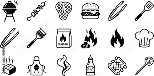 bbq grill barbecue cooking icon set with steak burger skewer charcoal fire flame sauce bottle apron and grilling utensils collection illustration on transparent background
