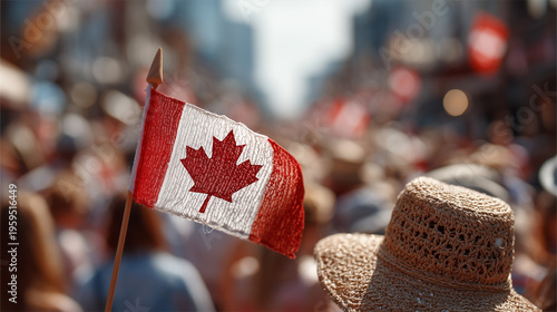 Celebration of Canada Day with a crowd waving flags in a festive atmosphere
