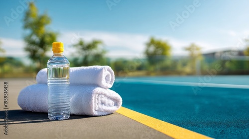 Water bottle and white towels resting on a tennis court, symbolizing hydration, sport, and outdoor fitness activity