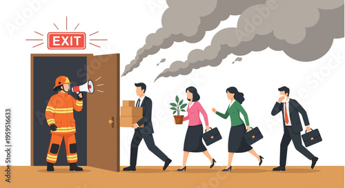 Firefighter guides office workers evacuating a smoke-filled building through an emergency exit during a crisis.
