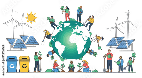 Diverse group of people actively working together around the Earth promoting sustainability and green energy solutions