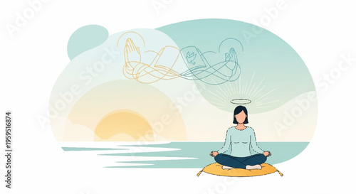 Woman meditates on a yoga mat by serene ocean at sunset with peaceful atmosphere and calm water reflection
