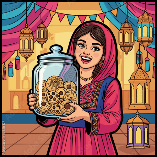 Woman holding a jar of cookies.