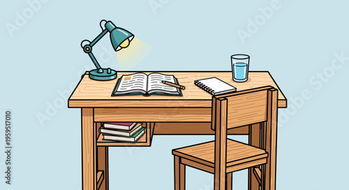 Wooden Desk with Chair and Books.