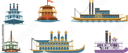 Vintage steamboat and riverboat flat vector illustration set featuring historical paddle wheel ships for nautical travel and heritage tourism.