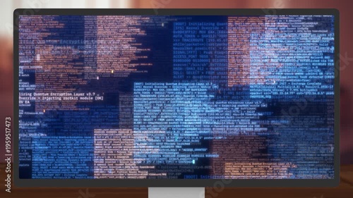 Desktop Computer Monitor displaying Blue and Orange Hacker Code - Cyber Security Programming Workspace Motion Background Loop