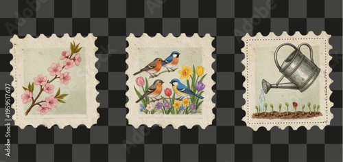 Vintage postage stamps evoke nostalgic springtime scenes delicate illustrations charming spring vignettes