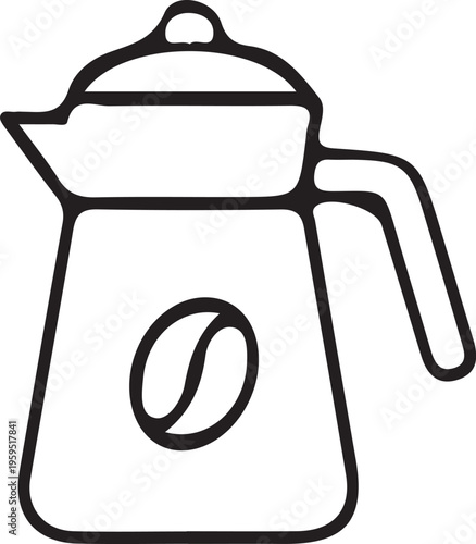 Simple black and white illustration of a coffee pot with bean silhouette