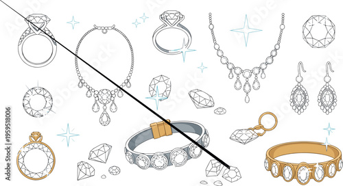 Luxury Jewelry Collection Vector Set with Diamond Rings, Necklace, Earrings and Bracelet for Fashion Accessories, Wedding Design and Premium Ornament Illustration