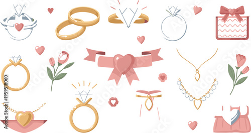 Romantic Jewelry and Love Icons Collection with Engagement Rings, Heart Necklace, Gift Box and Wedding Elements for Valentine Celebration Design