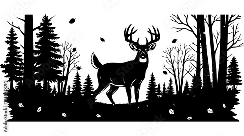 A majestic deer with large antlers standing within a dense forest landscape in black and white style isolated on transparent background, Vector
