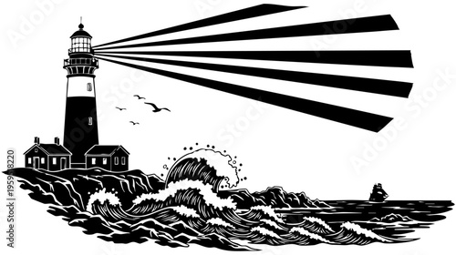 A black and white graphic illustration featuring a tall coastal lighthouse with a bright beam isolated on transparent background, Vector