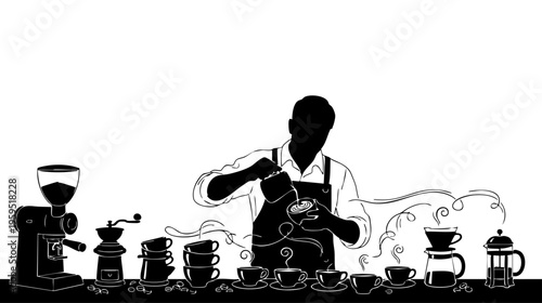 Professional barista preparing aromatic coffee beverages at a cafe counter with brewing equipment isolated on transparent background, Vector