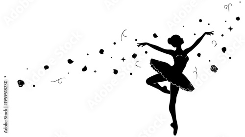 Elegant silhouette of a graceful ballerina dancing surrounded by swirling petals and sparkles isolated on transparent background, Vector