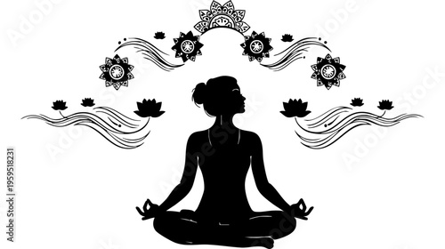 Black silhouette of a woman sitting in a meditative yoga pose surrounded by decorative lotus flowers isolated on transparent background, Vector
