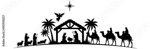 A detailed black silhouette illustration of the nativity scene with holy family and three kings isolated on transparent background, Vector