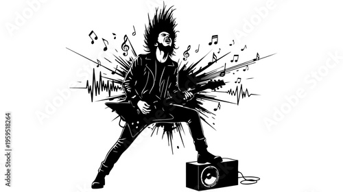 A passionate rock guitarist performing with intense energy and wild hair while playing electric guitar isolated on transparent background, Vector