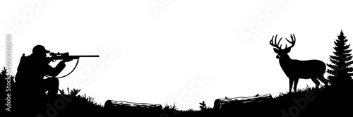 Black silhouette of a hunter aiming a rifle at a wild deer standing near a coniferous pine tree isolated on transparent background, Vector