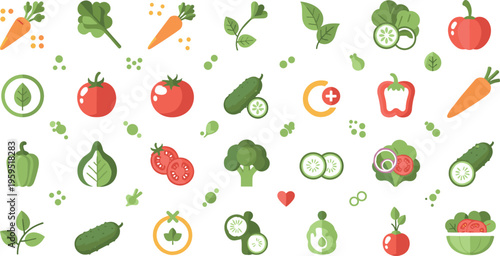 Healthy Vegetable Icons Collection with Tomato, Carrot, Cucumber, Broccoli and Nutrition Symbols for Organic Food, Diet and Wellness Design