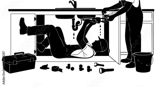 Two professional plumbers working together to repair a leaking kitchen sink pipe in a home kitchen isolated on transparent background, Vector