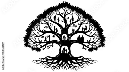 Black silhouette of a large spreading family tree featuring many people within its intricate limbs isolated on transparent background, Vector