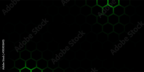 Dark technology hexagonal vector abstract background. Green bright energy flashes under hexagon in dark technology futuristic modern background vector illustration. Gray honeycomb texture grid.