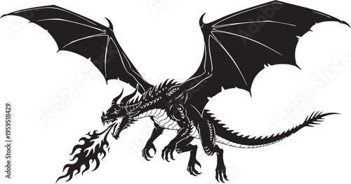 A fierce black silhouette of a mythical dragon in flight breathing out a stream of hot flames isolated on transparent background, Vector