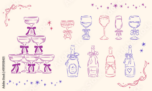 Hand Drawn Party Glasses set, Whimsical Wine Glass and Bottle Illustration