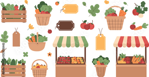 Farmers Market Stall and Fresh Produce Vector Set with Vegetables, Baskets, Crates and Price Tags for Organic Food Shop and Local Market Design