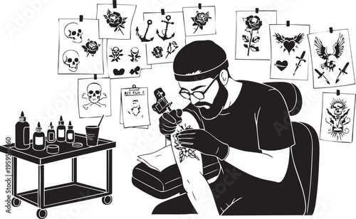 A professional tattoo artist focused on tattooing a floral design onto a client in a studio shop isolated on transparent background, Vector