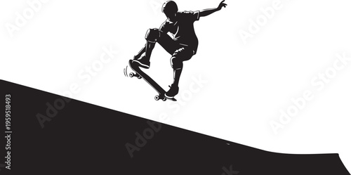 A dynamic black and white illustration of a skateboarder performing an impressive midair jump isolated on transparent background, Vector