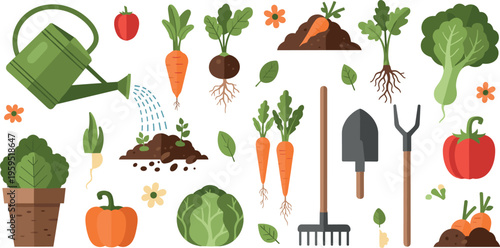 Gardening and Fresh Vegetables Vector Set with Watering Can, Carrot, Cabbage, Pepper and Farm Tools for Organic Garden, Plant Care and Harvest Design