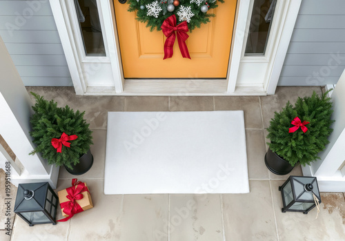 Blank white welcome doormat mockup, ai generated. Empty absorbent coir carpet on floor near christmas decoration background. Clear dirt mat for wipe and safe outdoor template.