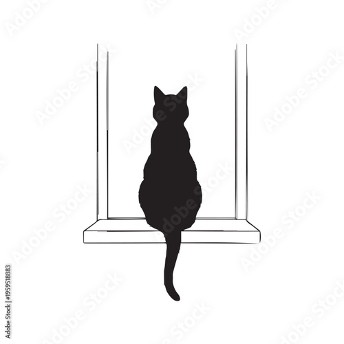 Black cat sitting on a windowsill looking out the window pencil sketch illustration