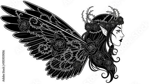 Dark Fairy Queen with Black Wings and Rose Crown, Gothic Fantasy Portrait