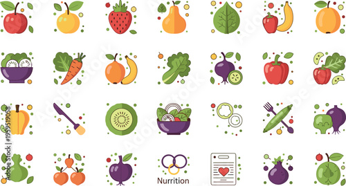 Healthy Food and Nutrition Icon Set with Fruits, Vegetables, Salad Bowls and Diet Elements for Wellness, Organic Lifestyle and Balanced Eating Design