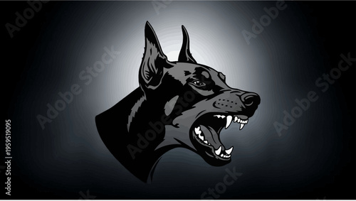 Aggressive Doberman Dog Head Profile, Bared Teeth, Fierce Expression, Dark Background